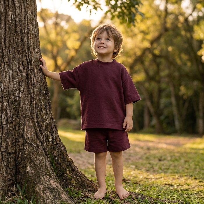 Criança vestindo o Conjunto Oversize Banim, cor Bordô