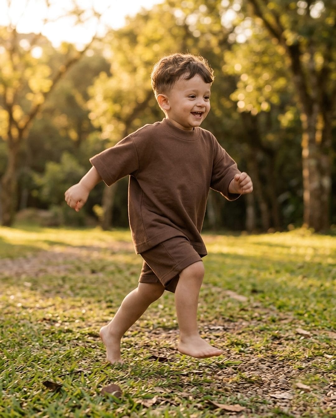 Child running barefoot in a park wearing the Banim oversized brown set